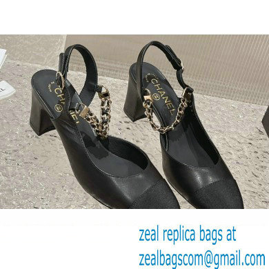 Chanel Heel 6.5cm Chain Lambskin Grosgrain & Metal Pumps Slingbacks G45092 Black 2023